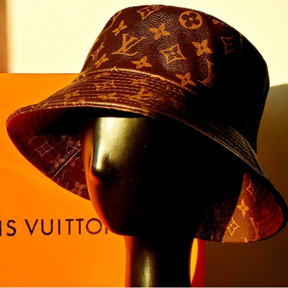 Louis Vuitton LV Brown Calf Skin Leather Monogram Jacquard Brown Bucket Hat - Picture 3 of 16
